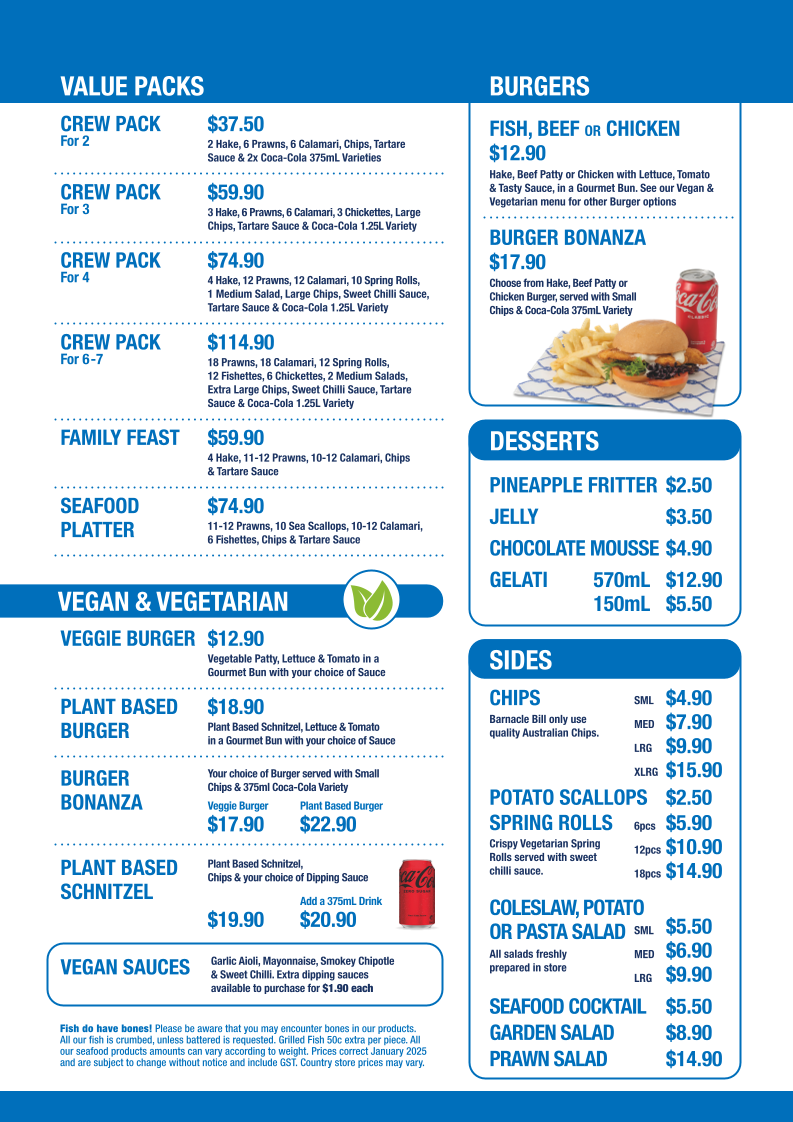 Menu, Barnacle Bill Penrith