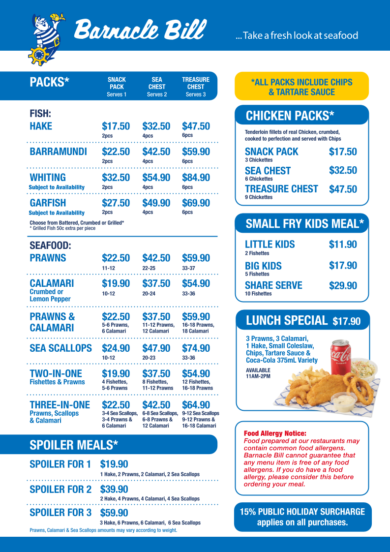 Menu, Barnacle Bill Penrith