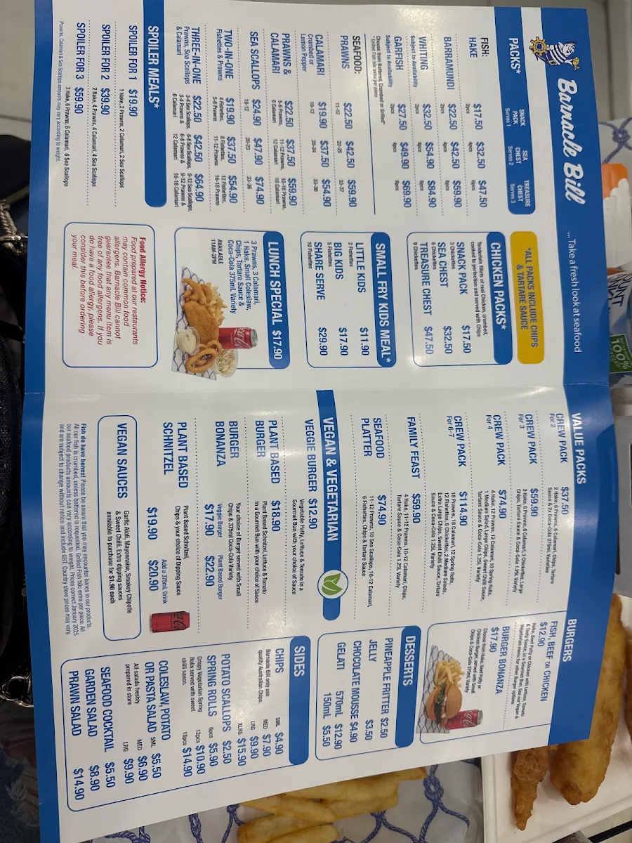 Menu, Barnacle Bill Penrith