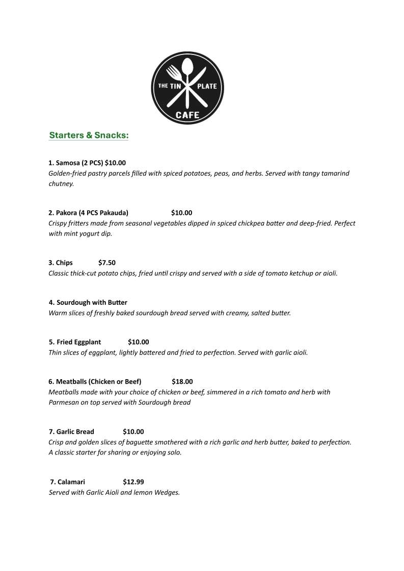 Menu, The Tin Plate Cafe and restaurant