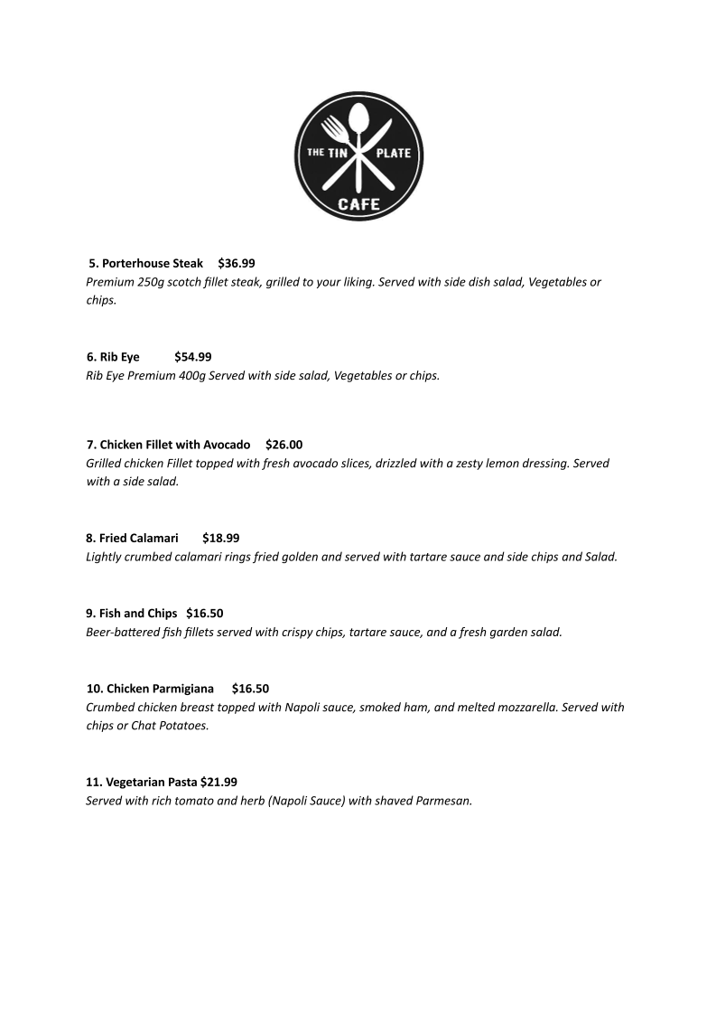 Menu, The Tin Plate Cafe and restaurant