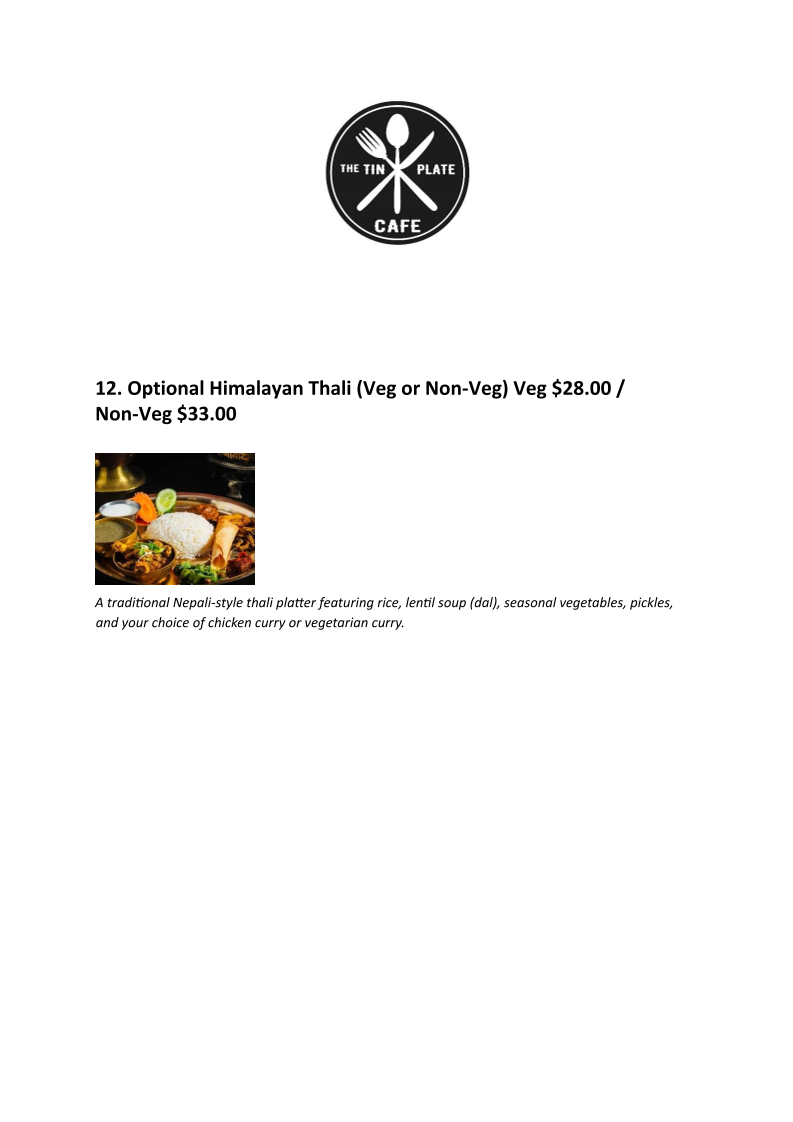 Menu, The Tin Plate Cafe and restaurant