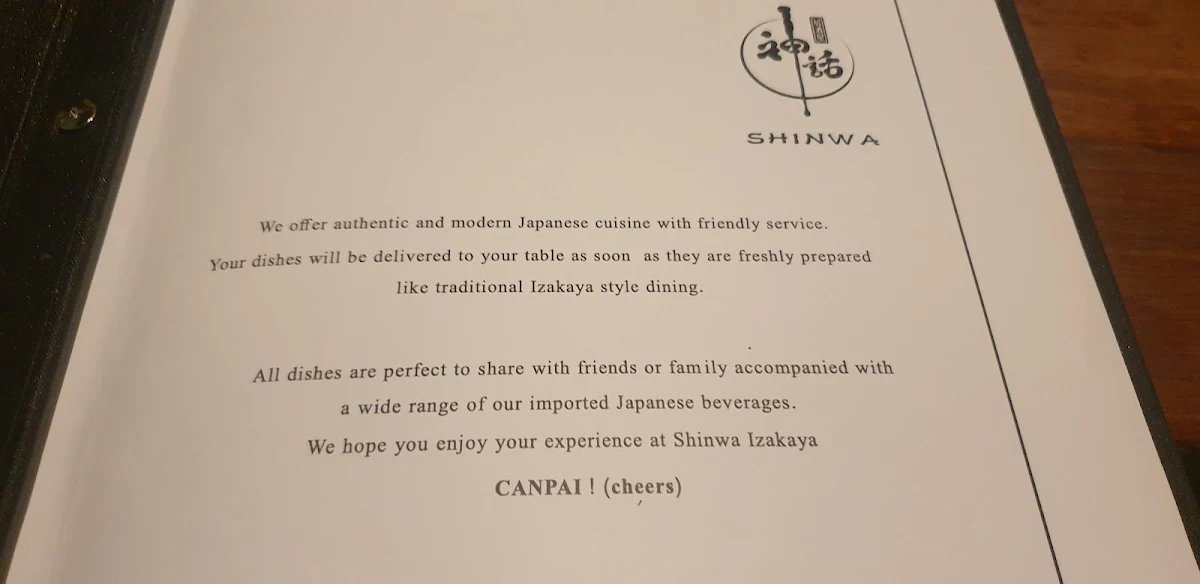 Menu, Shinwa Izakaya