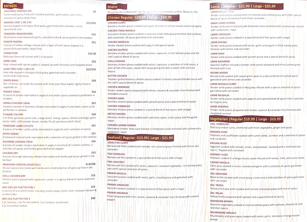 Menu, Ballarat Indian Restaurant