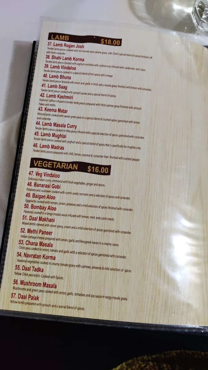 Menu, Ballarat Indian Restaurant