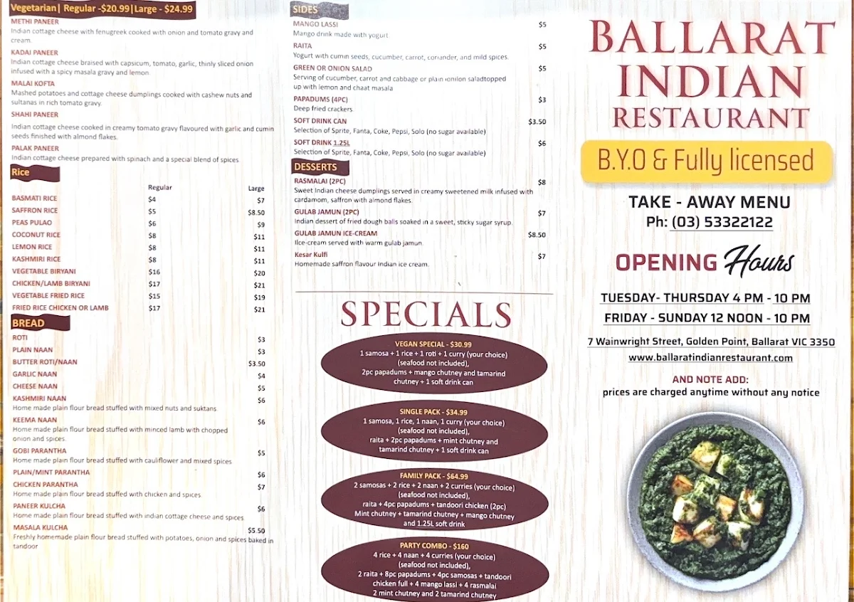 Menu, Ballarat Indian Restaurant