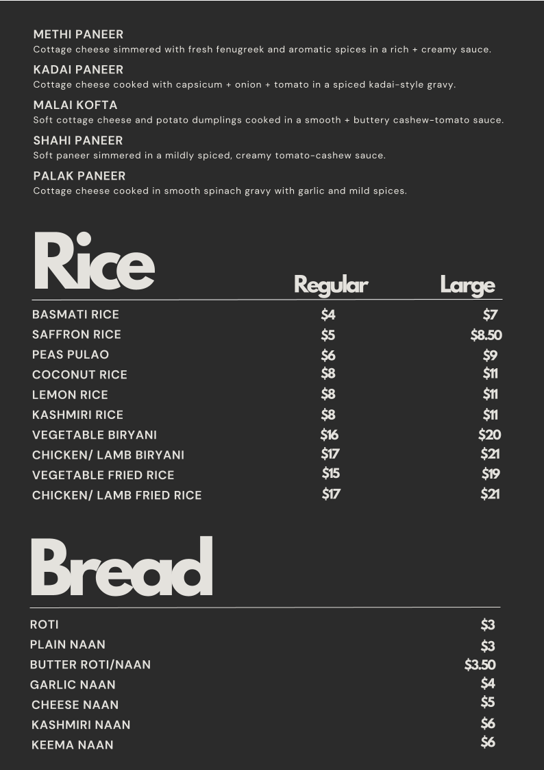 Menu, Ballarat Indian Restaurant