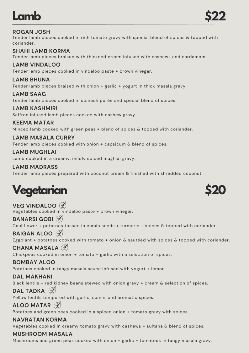 Menu, Ballarat Indian Restaurant