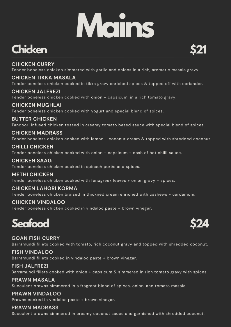 Menu, Ballarat Indian Restaurant