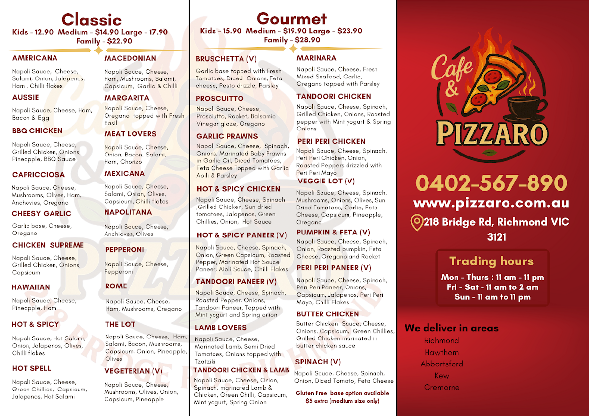 Menu, Cafe & Pizzaro