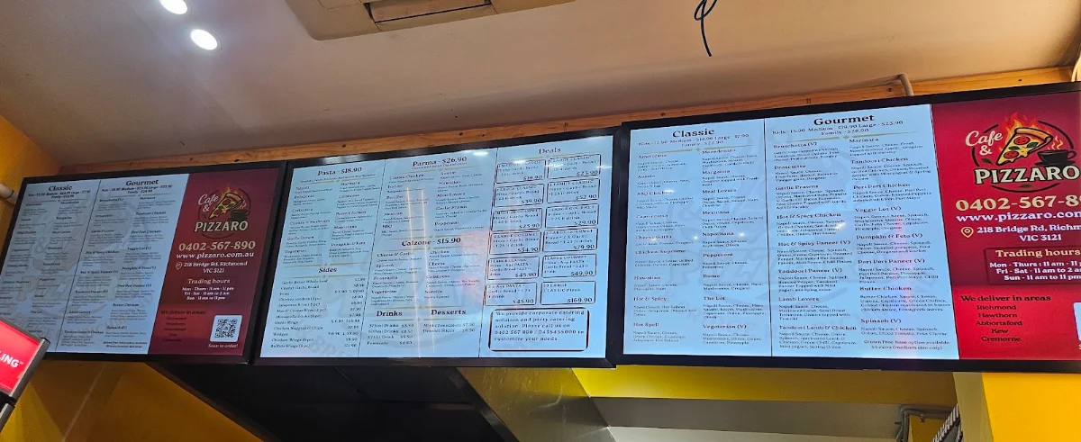 Menu, Cafe & Pizzaro