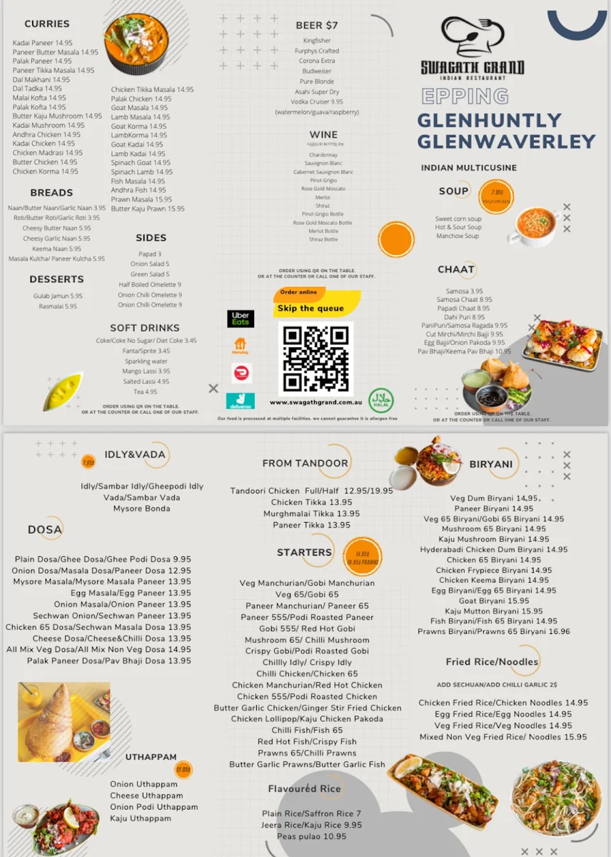 Menu, Swagath Grand Moonee Ponds