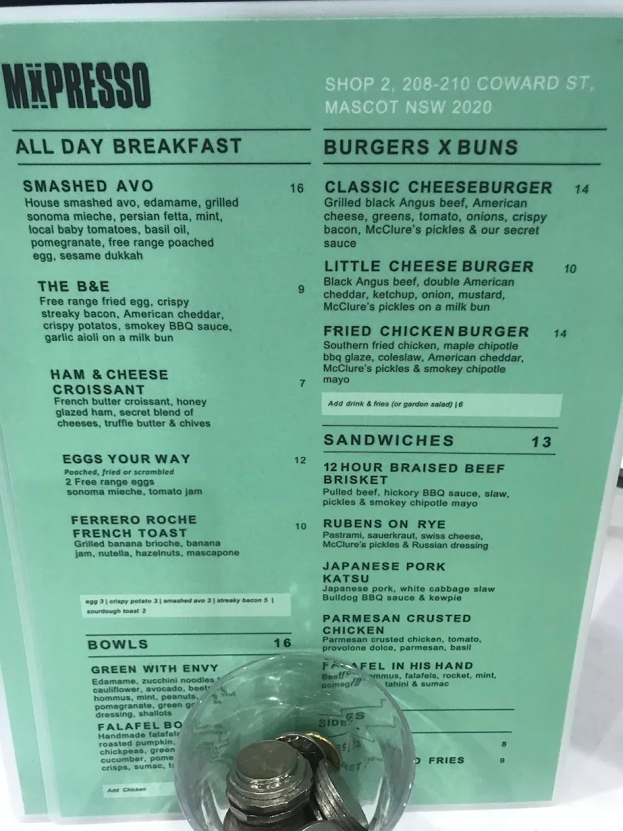 Menu, Mxpresso Cafe Mascot