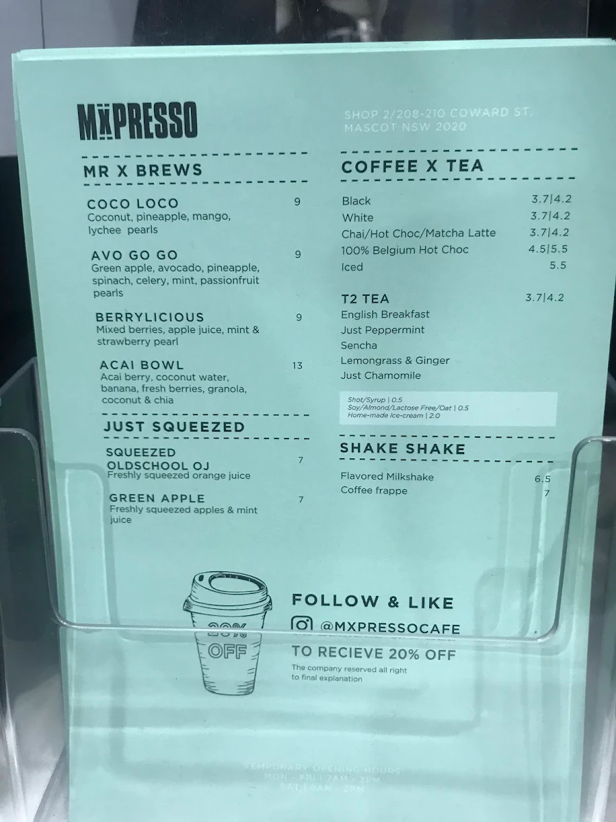 Menu, Mxpresso Cafe Mascot