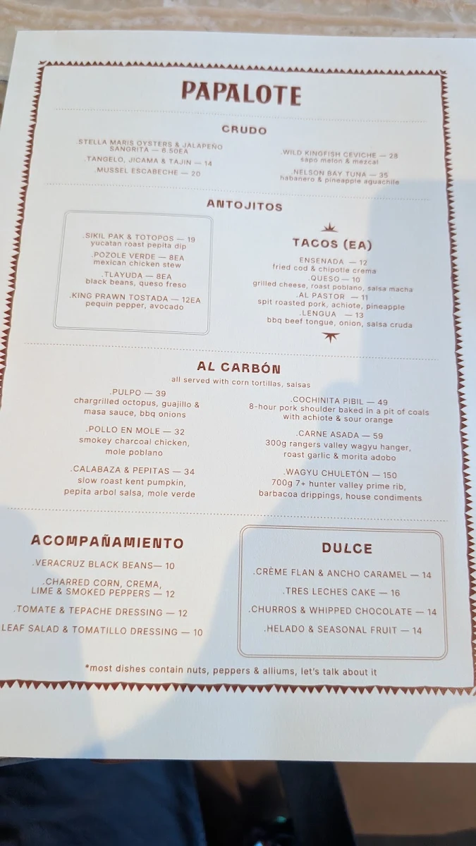 Menu, Papalote Mexican