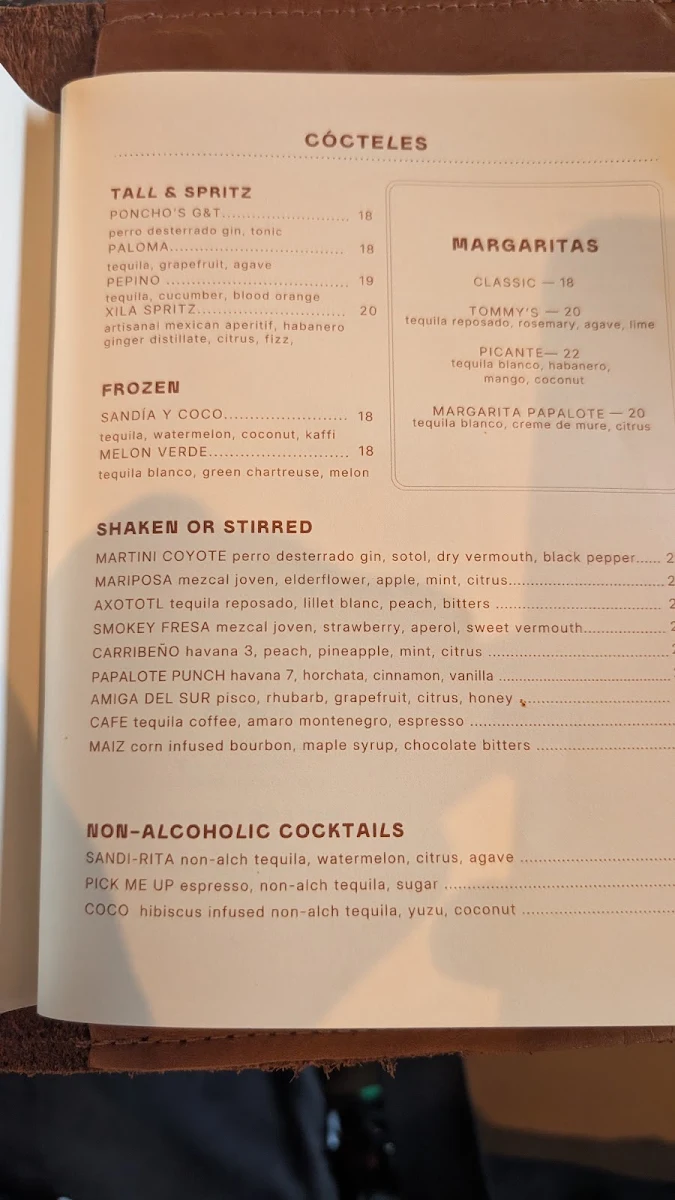 Menu, Papalote Mexican