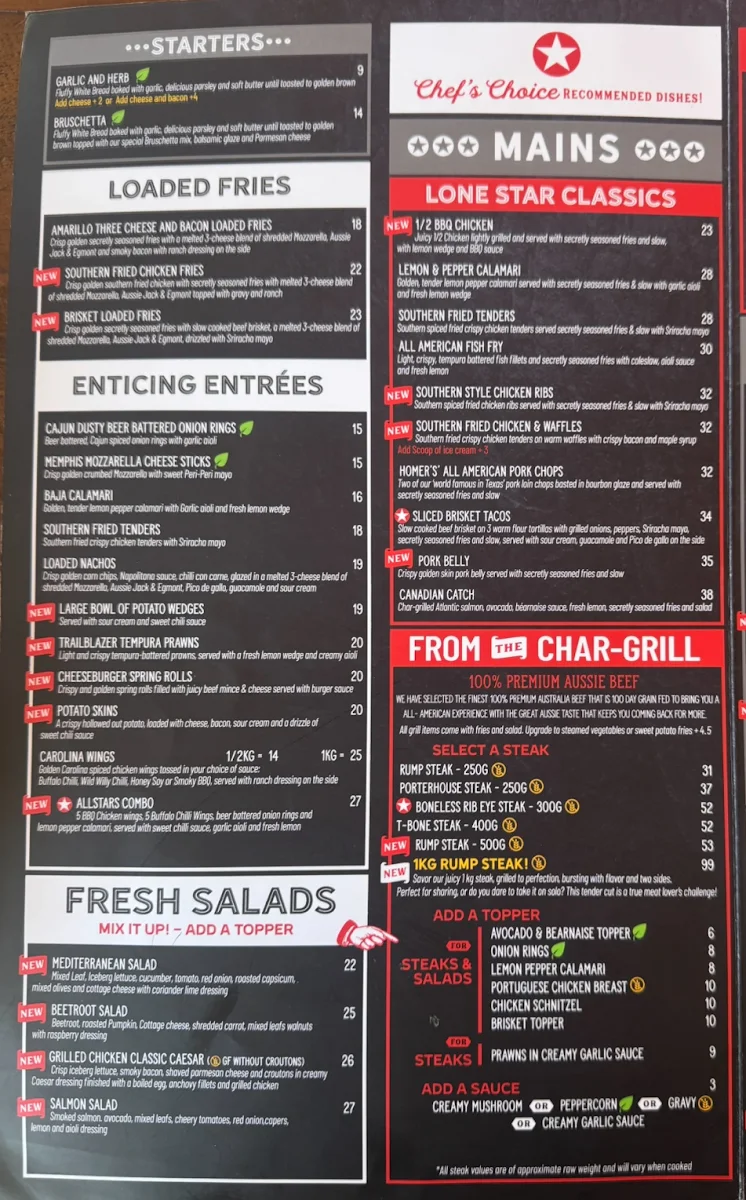 Menu, Lonestar rib house Rockhampton