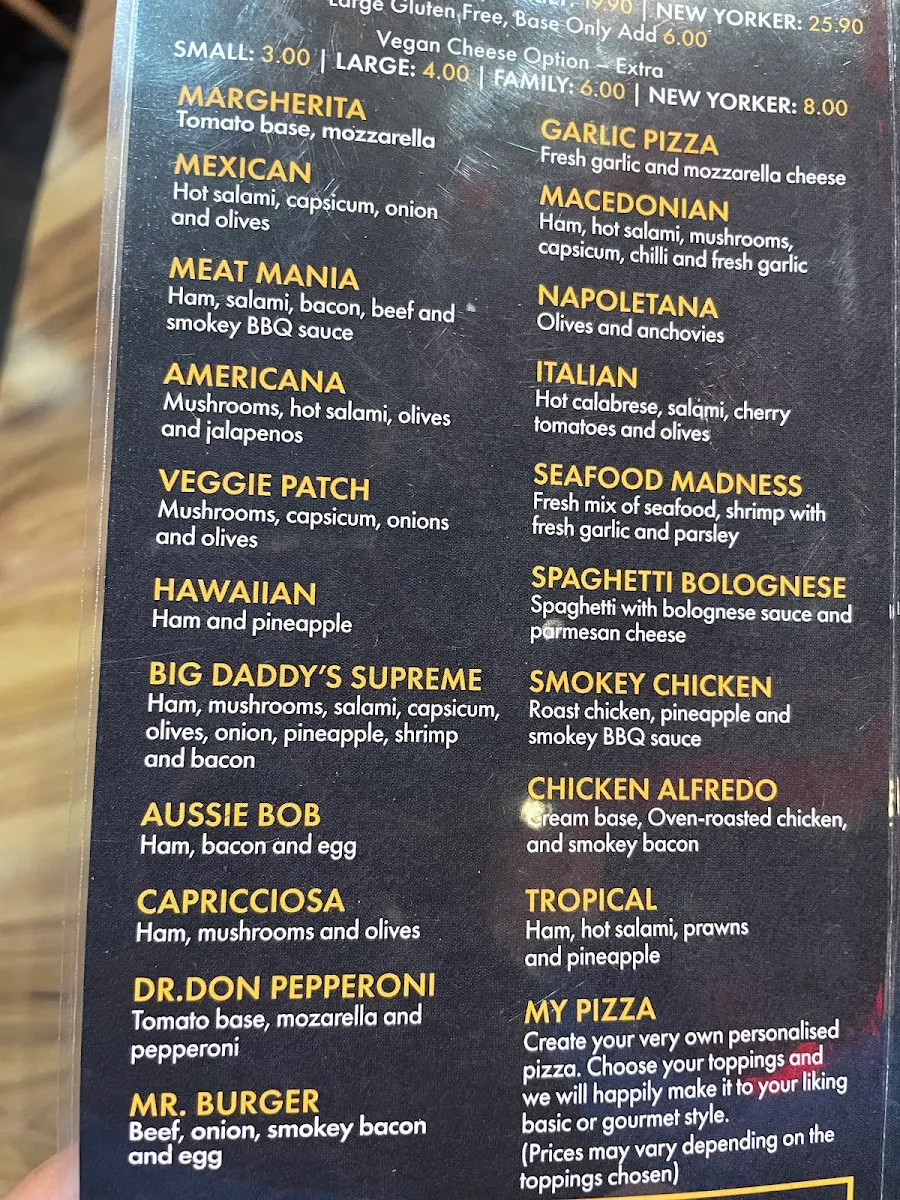 Menu, Big Daddy's Pizza and Grill