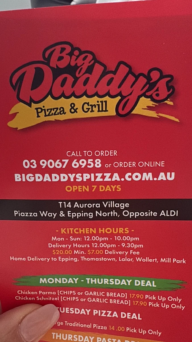 Menu, Big Daddy's Pizza and Grill