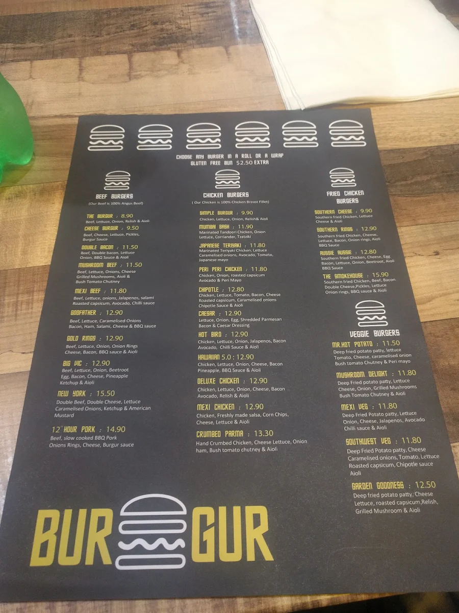 Menu, Burgur Pakenham
