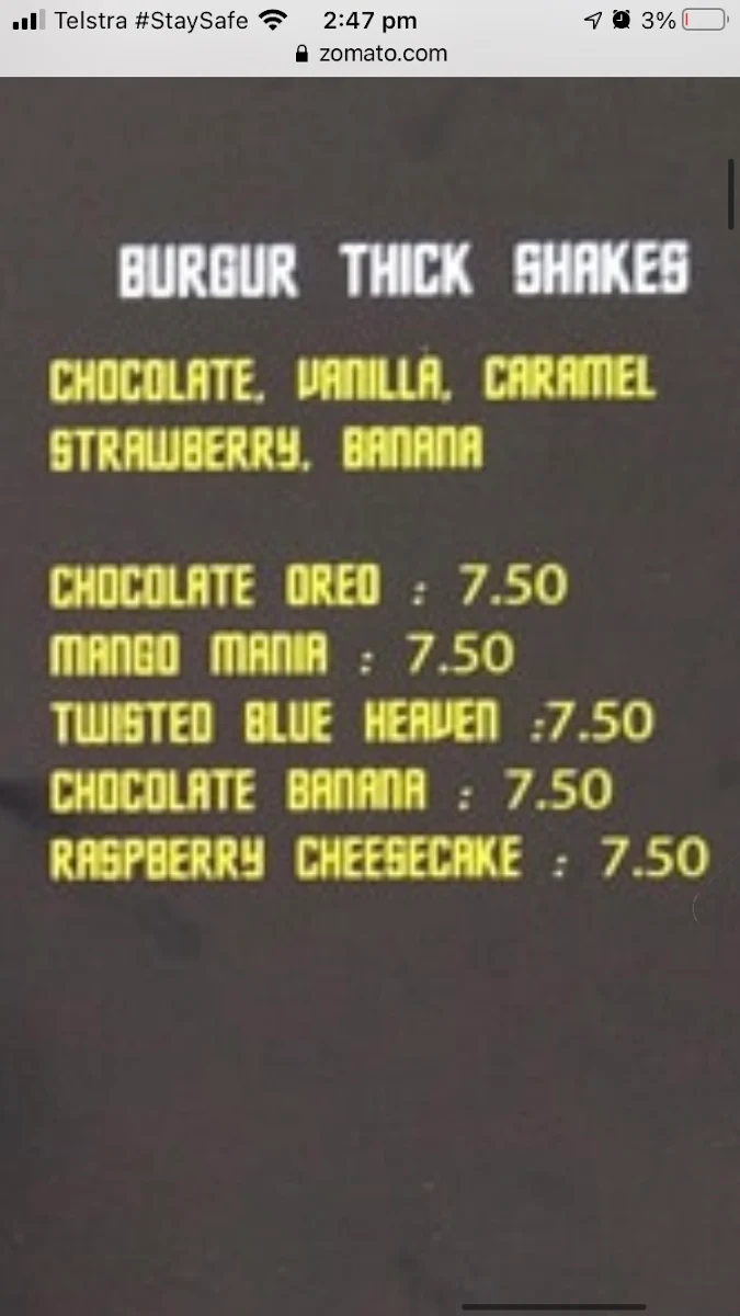 Menu, Burgur Pakenham