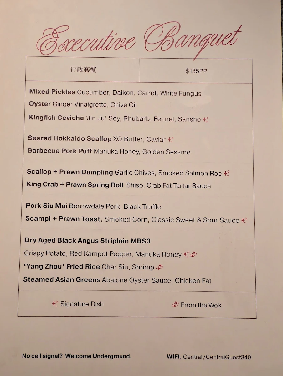 Menu, Central Restaurant
