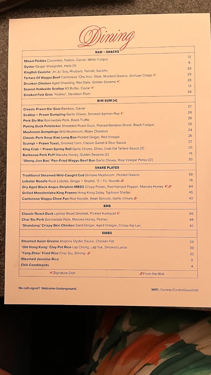 Menu, Central Restaurant