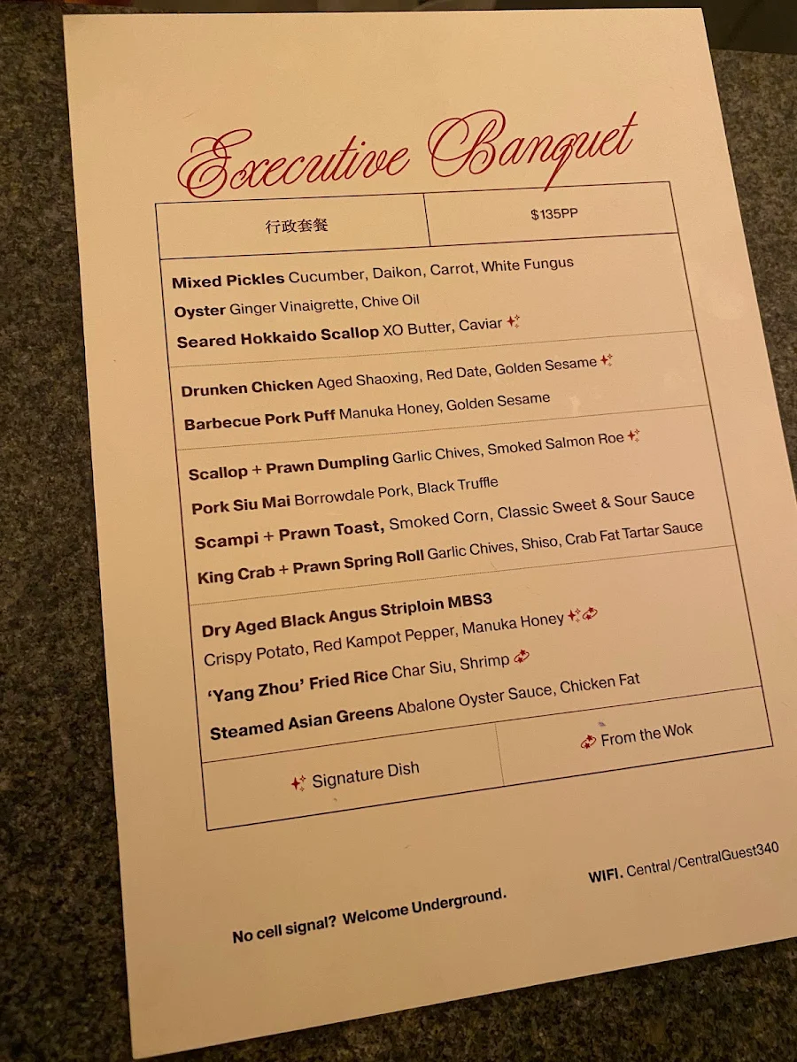 Menu, Central Restaurant