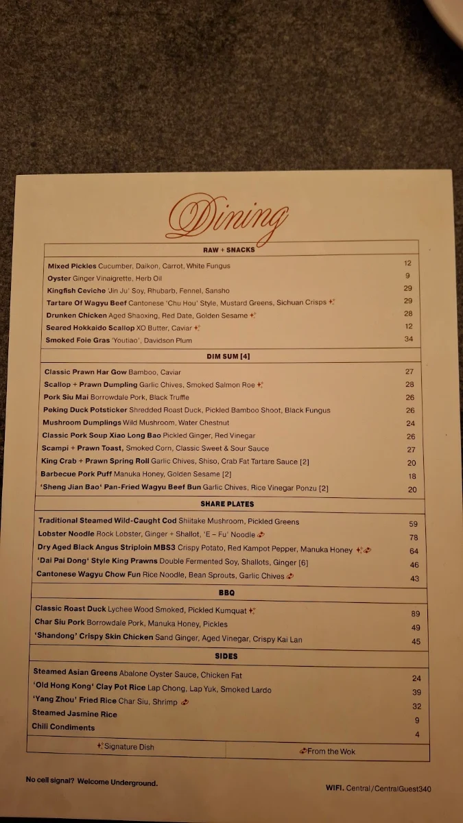 Menu, Central Restaurant