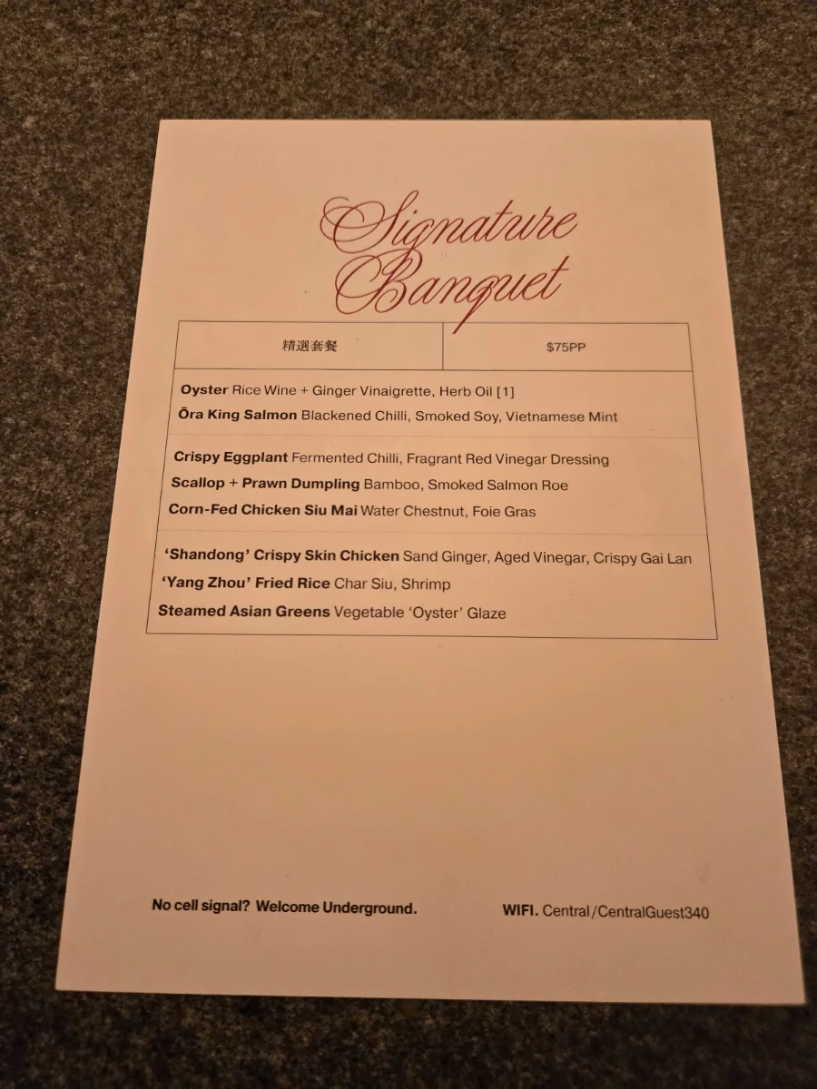 Menu, Central Restaurant