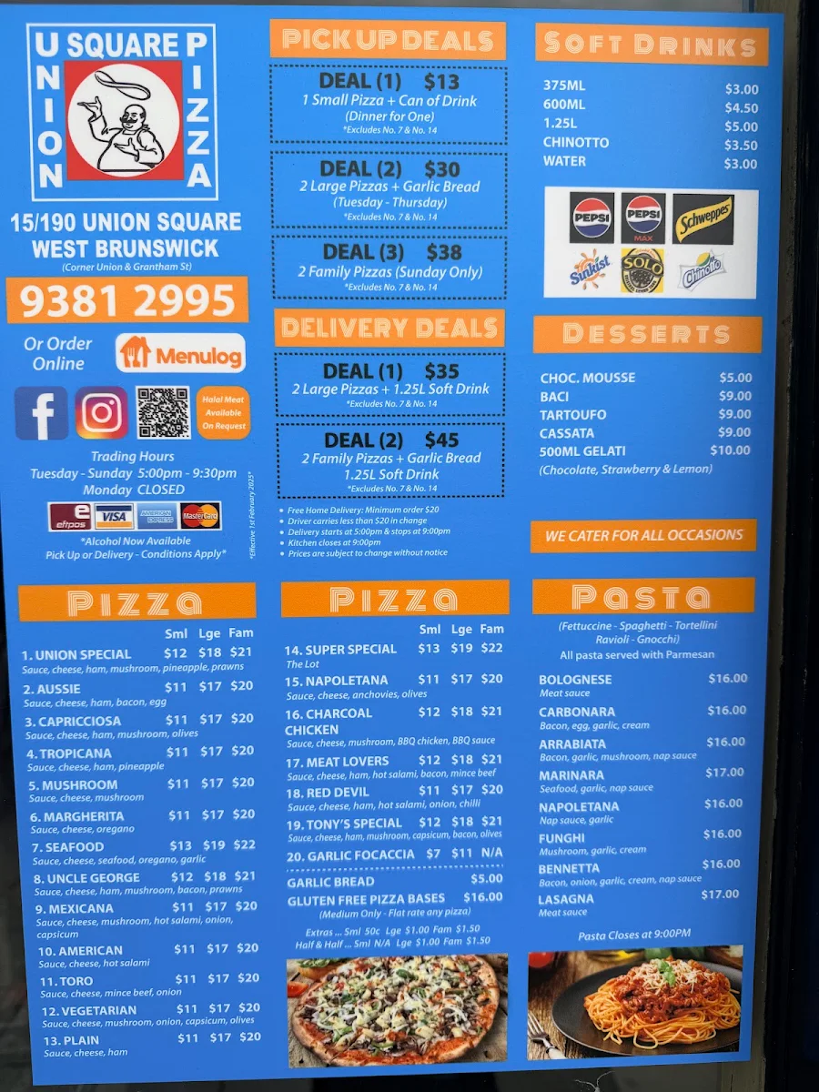 Menu, Union Square Pizza - Italian Pizza and Pasta Restaurant