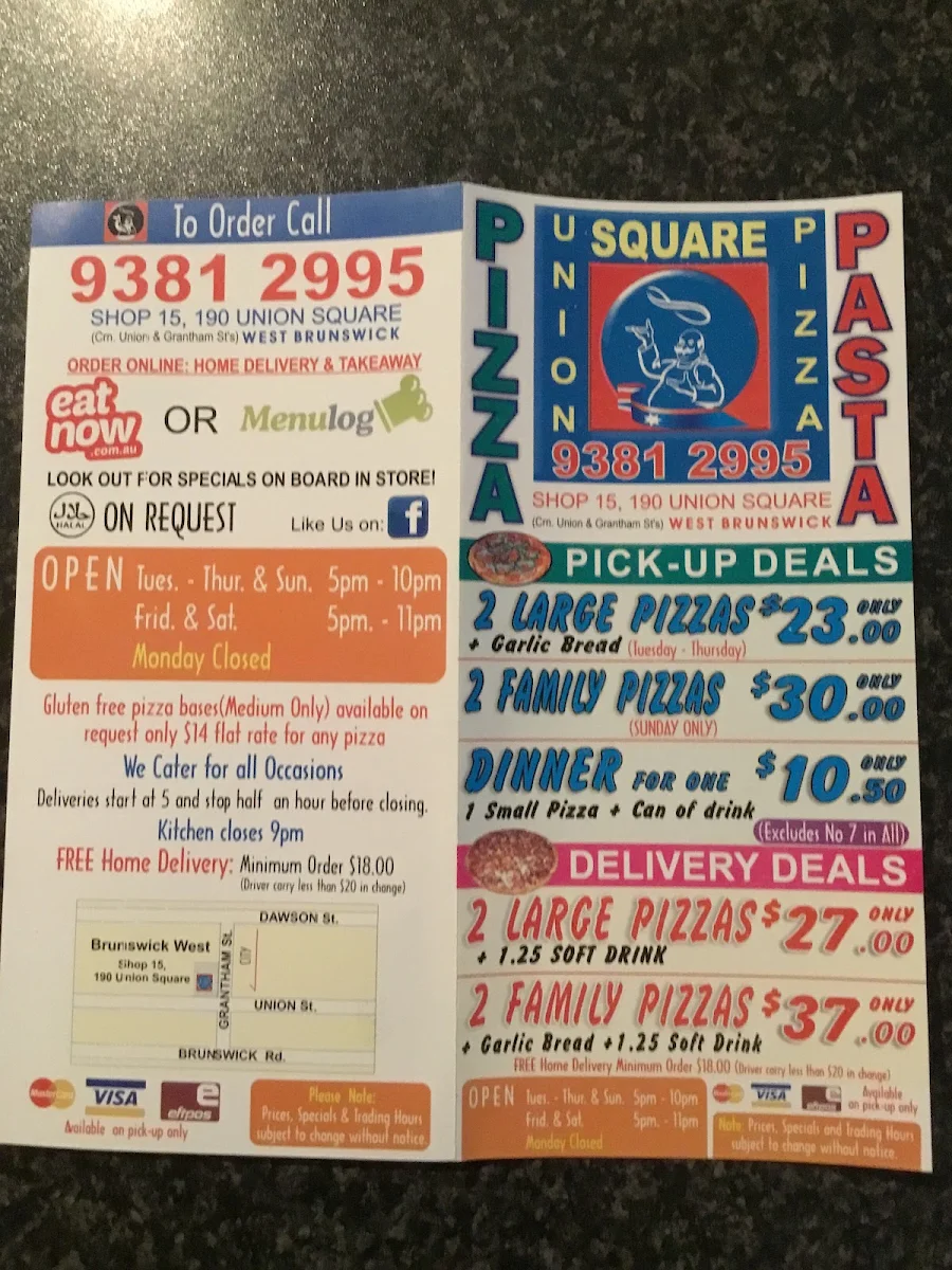 Menu, Union Square Pizza - Italian Pizza and Pasta Restaurant