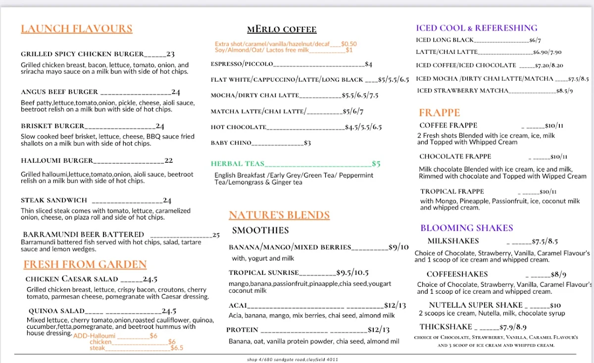 Menu, nuga cafe