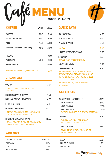 Menu, The Hope Community Cafe