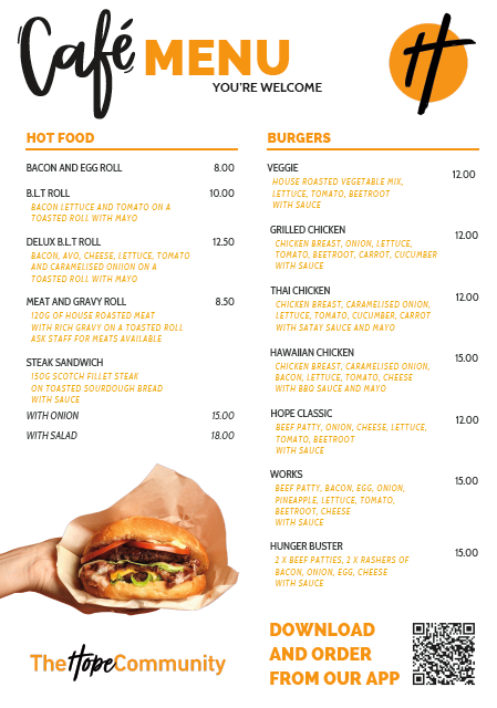 Menu, The Hope Community Cafe