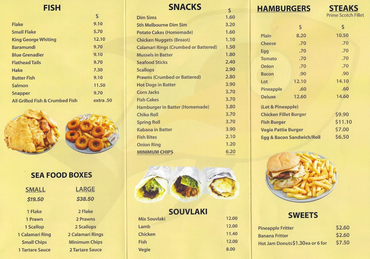Menu, Hazel Glen Fish & Chips