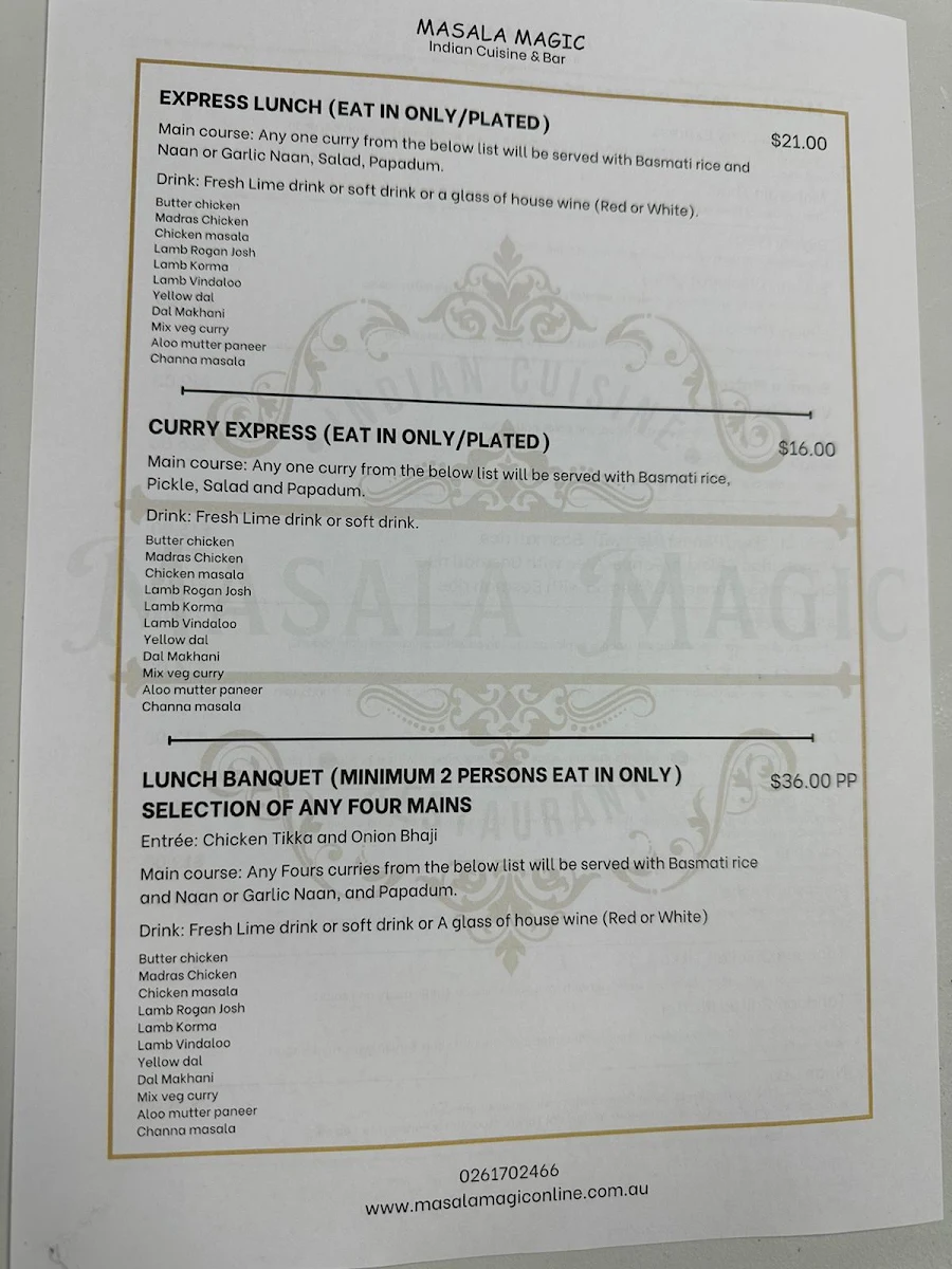 Menu, Masala Magic