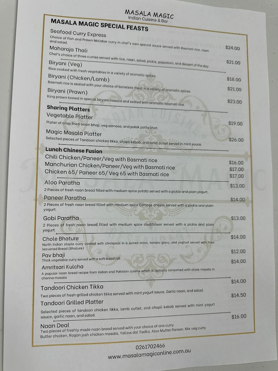 Menu, Masala Magic