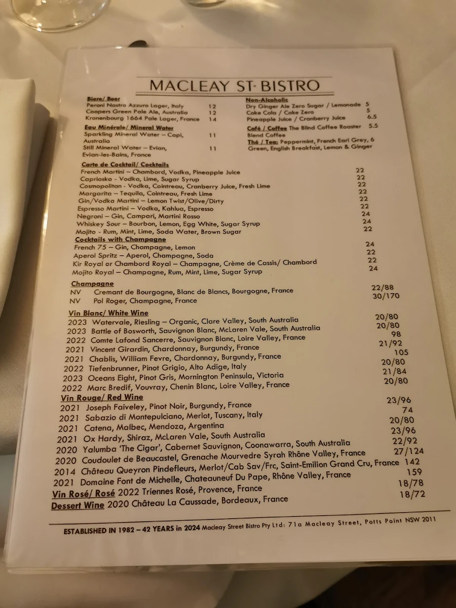 Menu, Macleay St Bistro