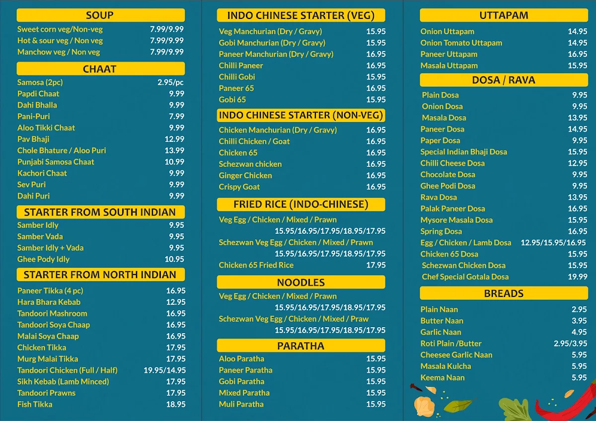 Menu, Curry & Dosa Palace