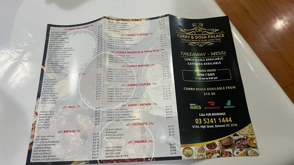 Menu, Curry & Dosa Palace