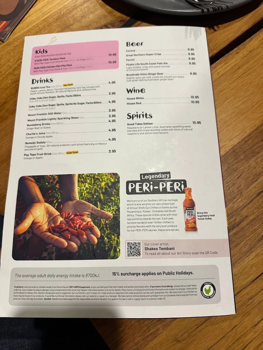 Menu, Nando's Bourke Place