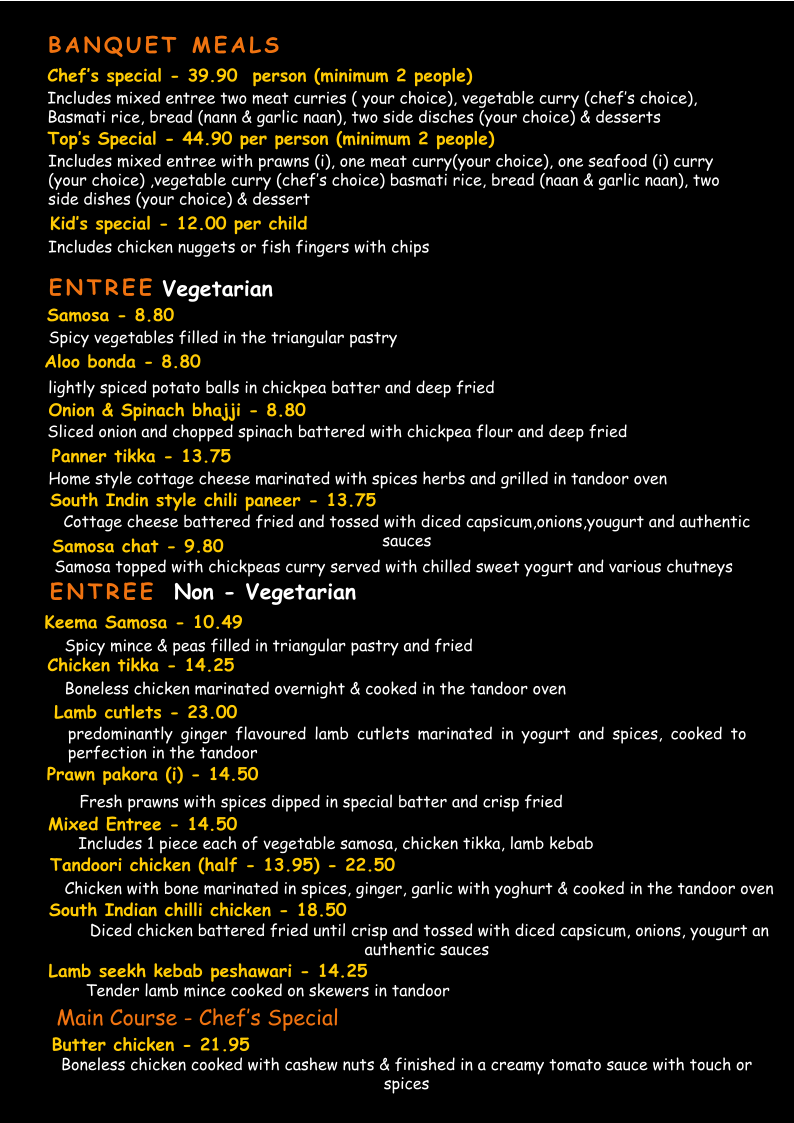 Menu, The Only Place Indian Restaurant. Est. 1998