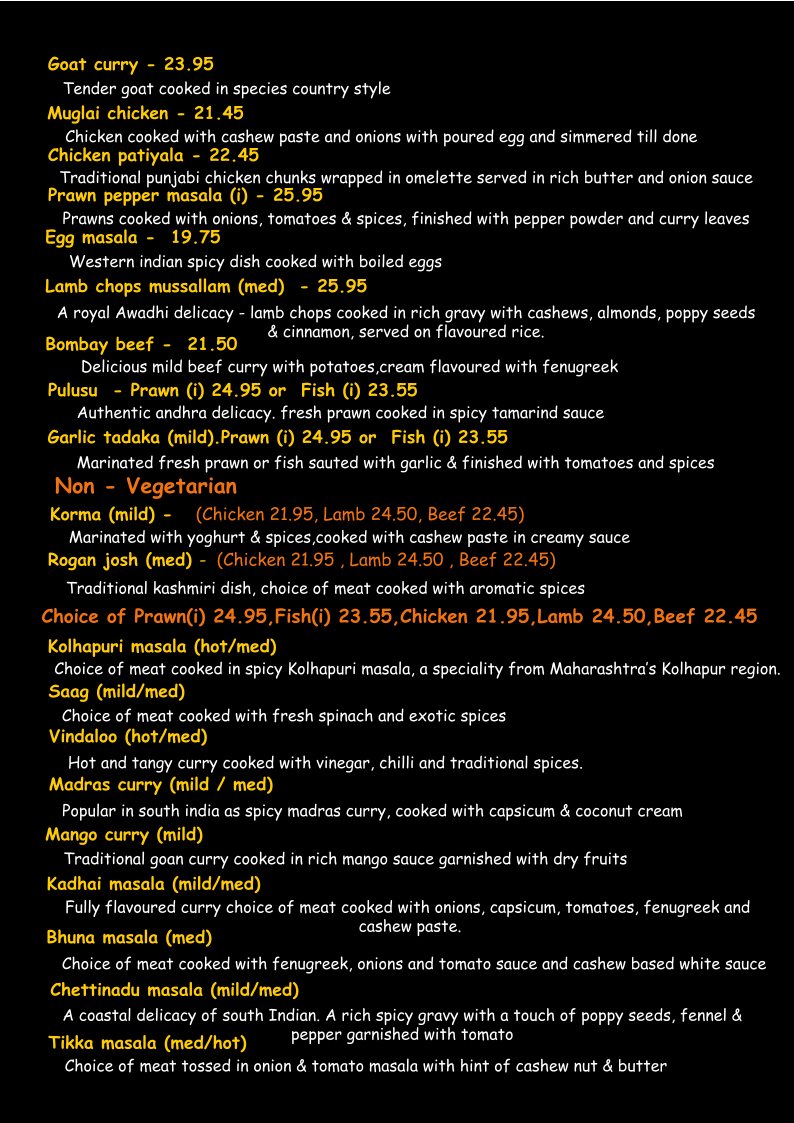 Menu, The Only Place Indian Restaurant. Est. 1998