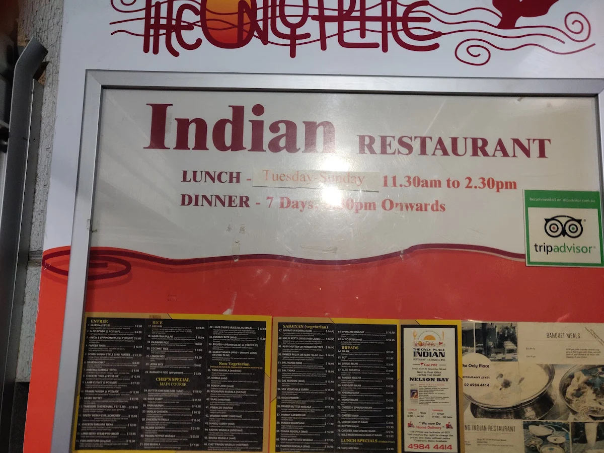 Menu, The Only Place Indian Restaurant. Est. 1998