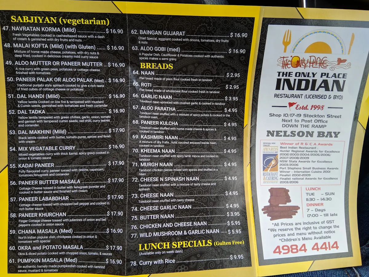 Menu, The Only Place Indian Restaurant. Est. 1998