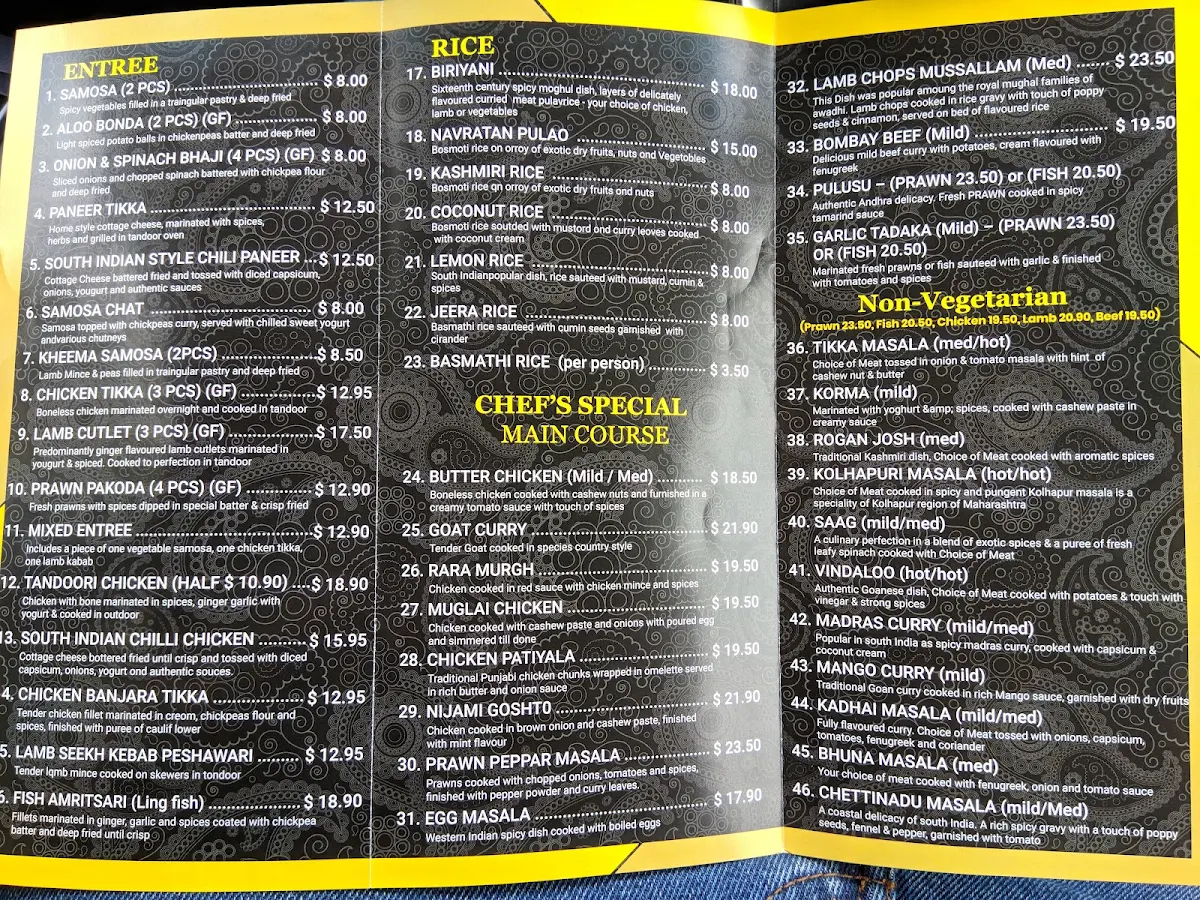 Menu, The Only Place Indian Restaurant. Est. 1998