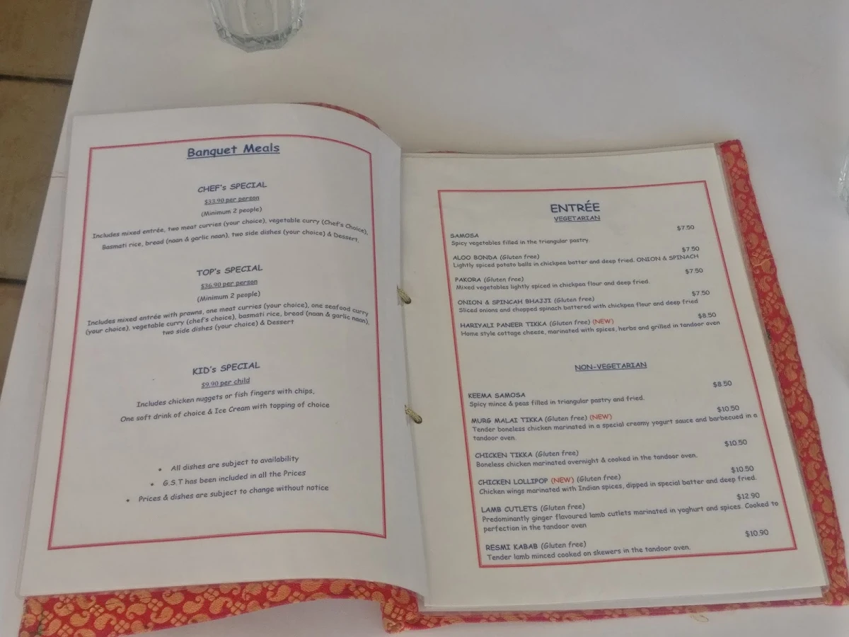 Menu, The Only Place Indian Restaurant. Est. 1998