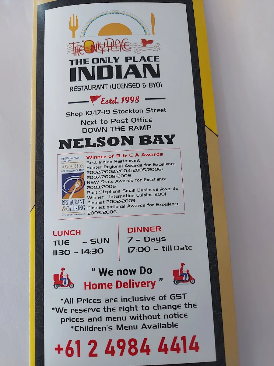 Menu, The Only Place Indian Restaurant. Est. 1998