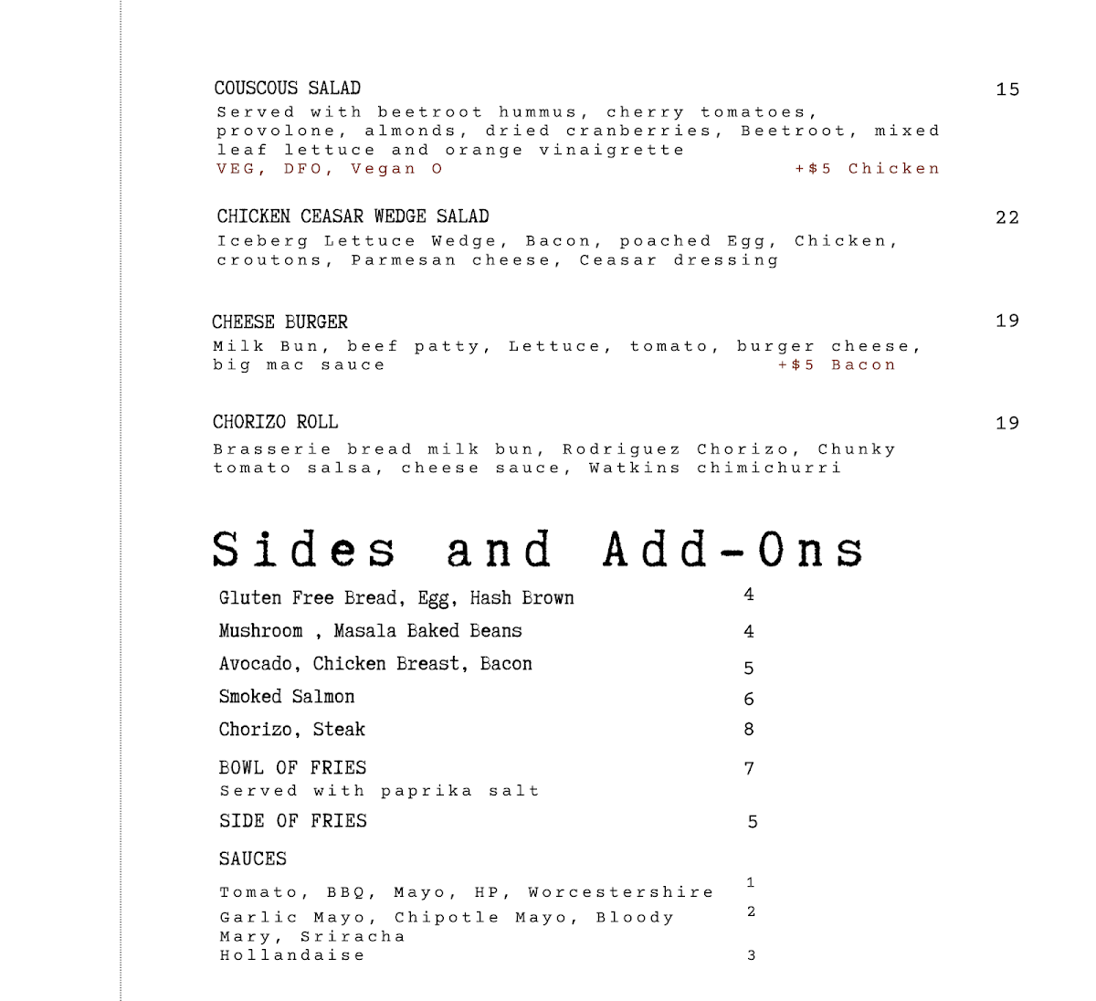 Menu, Mr Watkins Bar